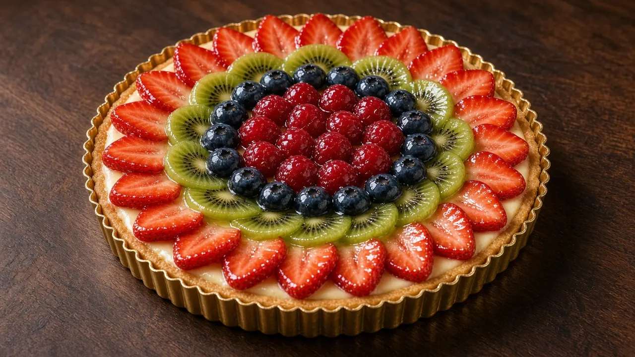 Franse fruittart met aardbei kiwi en bosbes in ringen op een donkere tafel in Eindhoven
