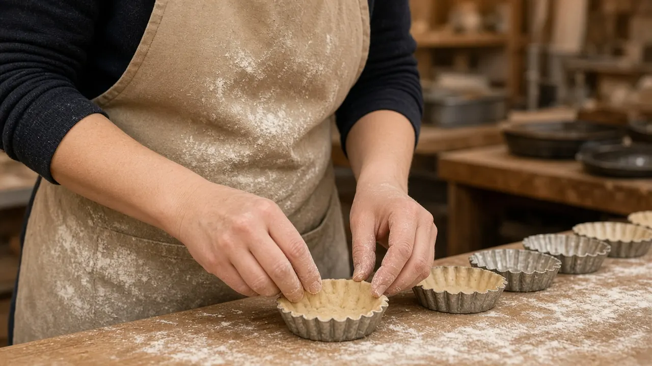 Deelnemer krult de rand van een tartelette tijdens de proefles zanddeeg in Eindhoven