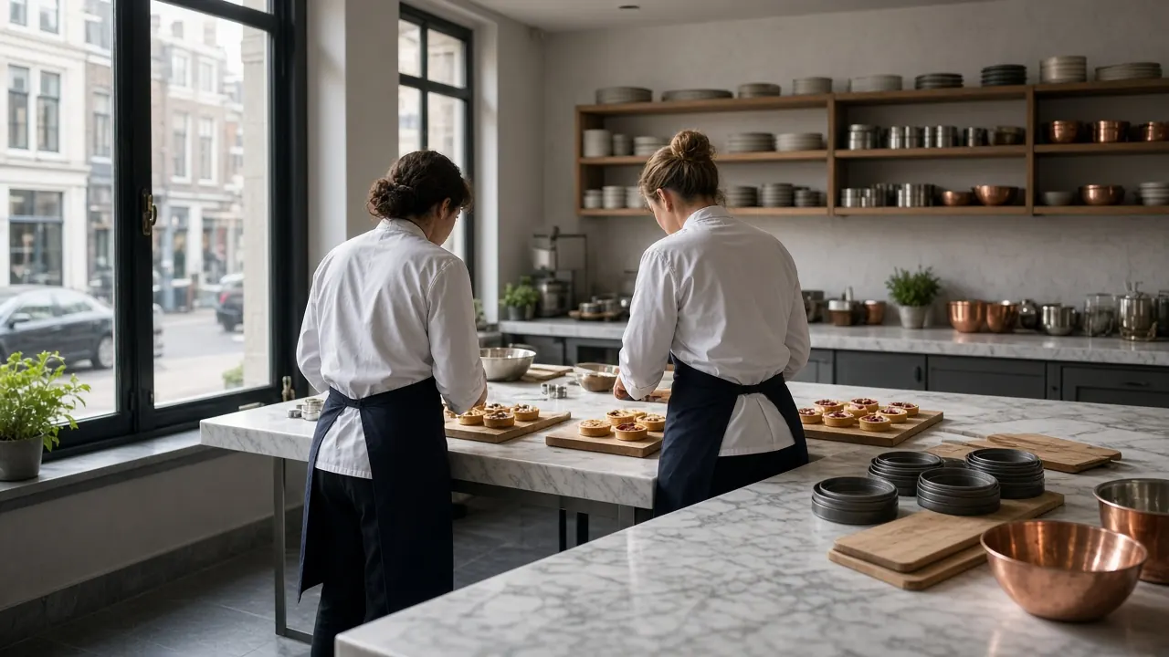 Leskeuken met daglicht marmeren banken en koperen kommen voor de tarten academy in Eindhoven